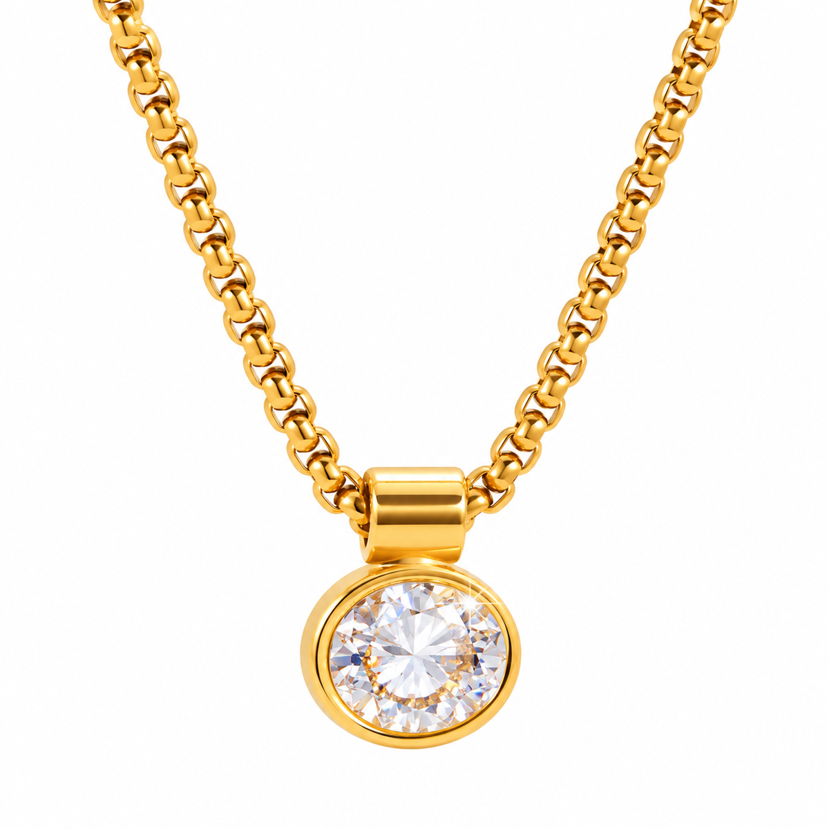 Gold-Tone Stainless Steel Round Crystal Pendant Necklace