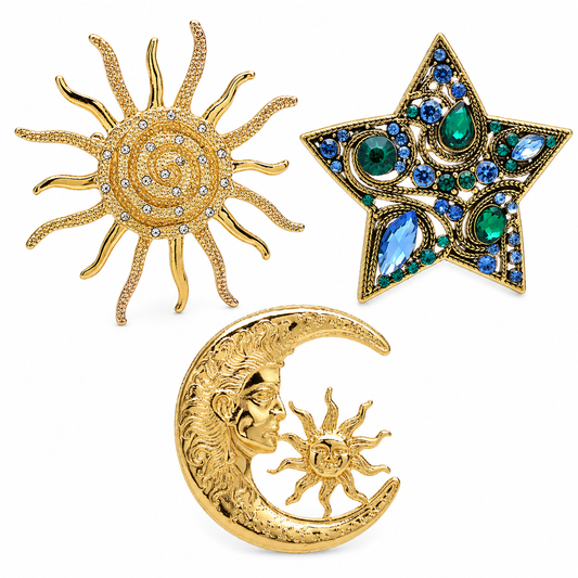 3-Piece Celestial Brooch Set – Sun, Moon & Star Statement Pins in Gold Tone