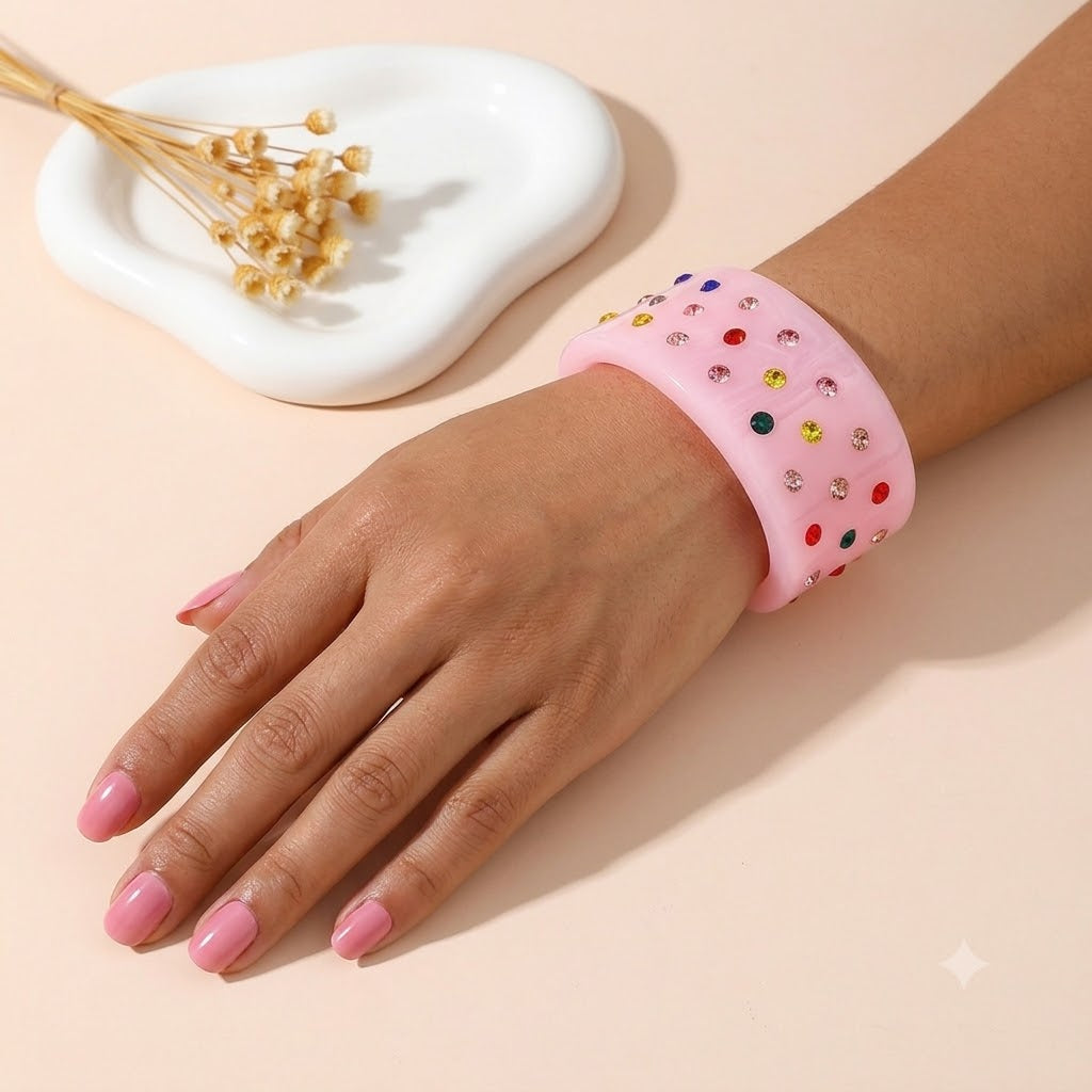Crystal Inlaid Resin Cuff Bracelet Wide Bangle Summer Accessory