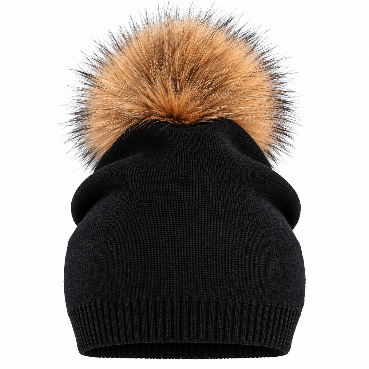 Women's Black Cashmere-Blend Beanie with Detachable Fur Pom Pom