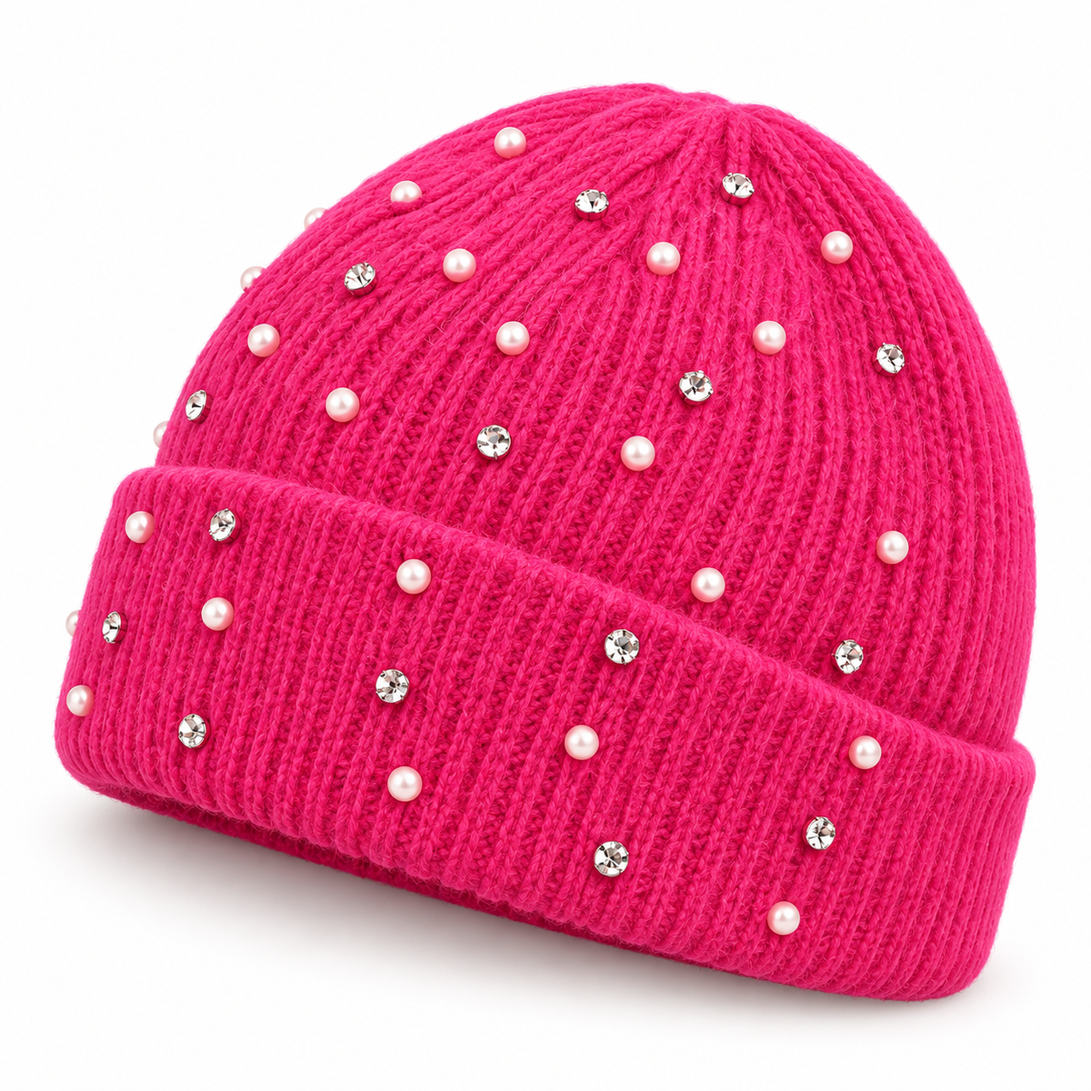 Hot Pink Pearl & Rhinestone Embellished Ribbed Beanie
