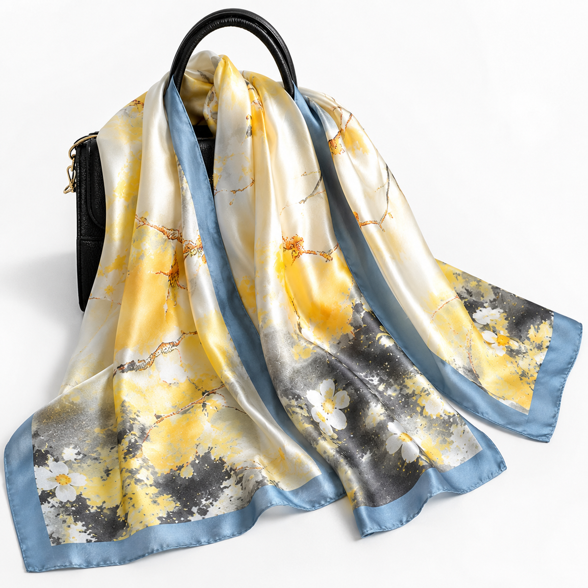 Yellow & Blue Watercolor Floral Silk-Feel Scarf – Large 71" Shawl Wrap for Women