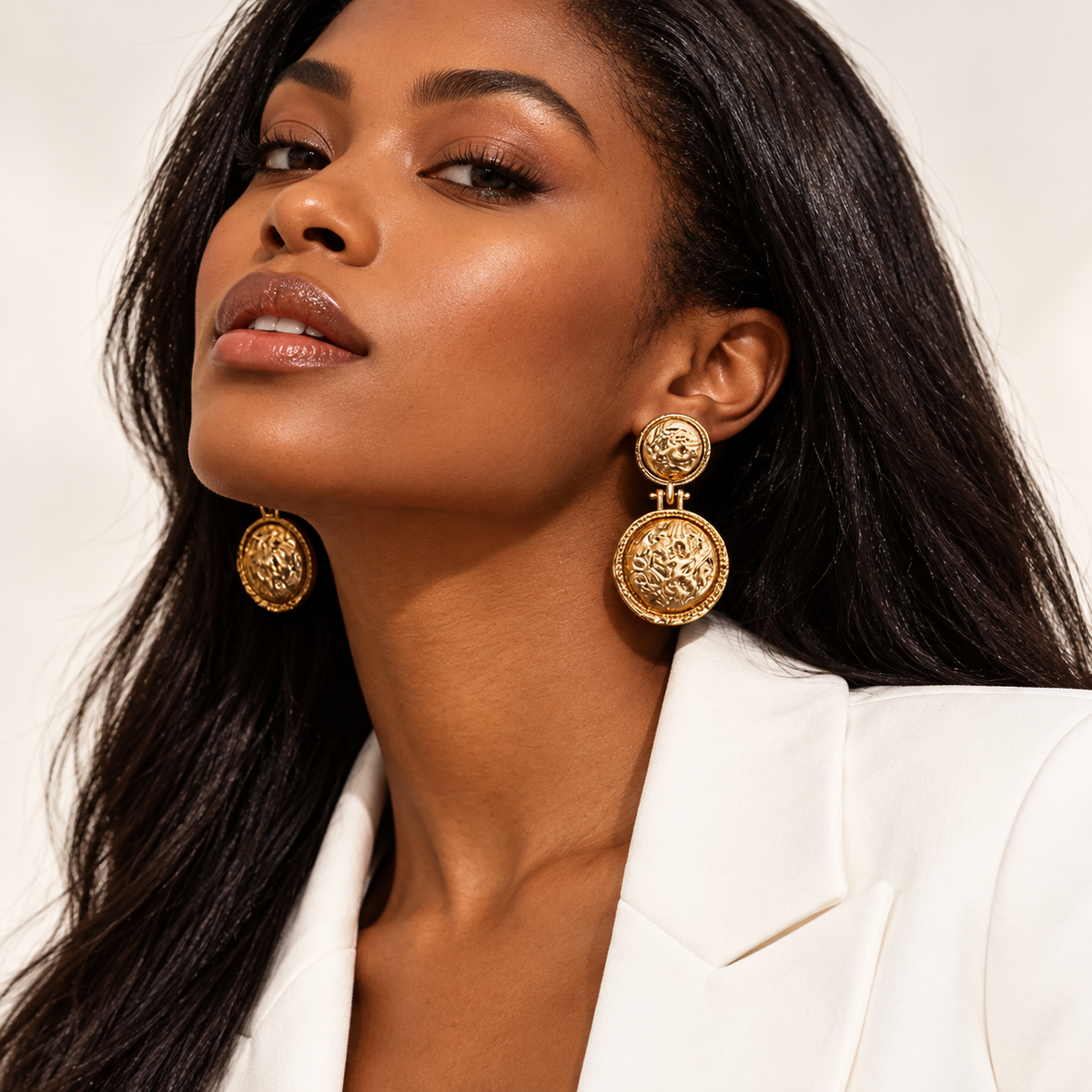 Textured Gold Coin Statement Drop Earrings
