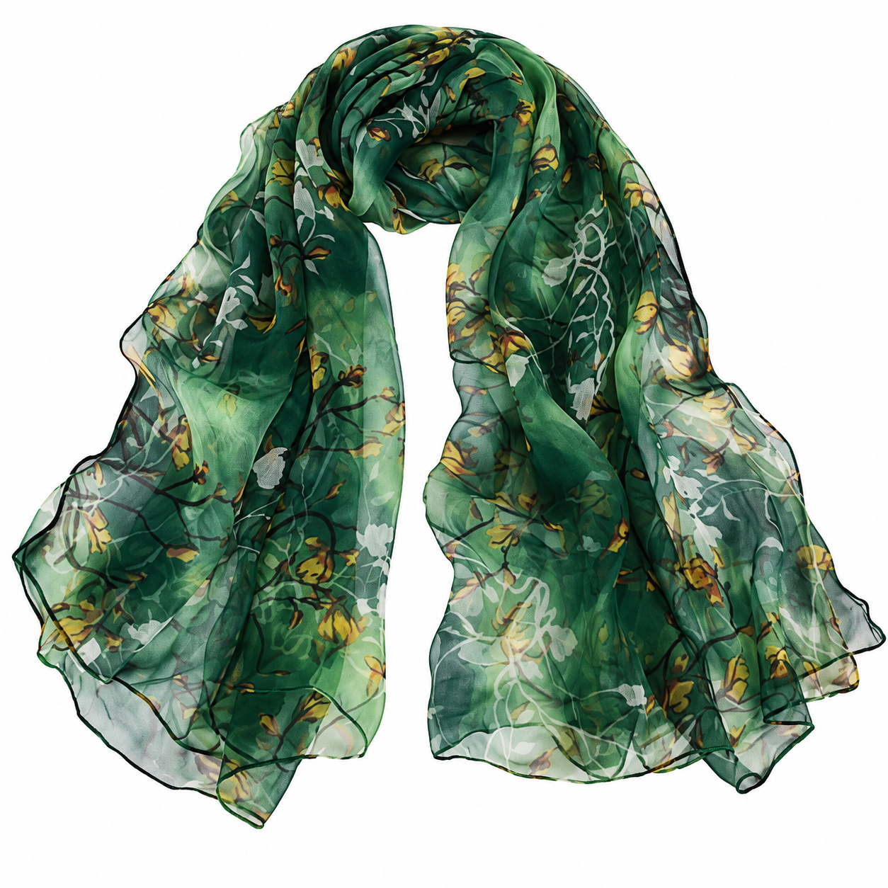 Emerald Green Floral Print Chiffon Scarf