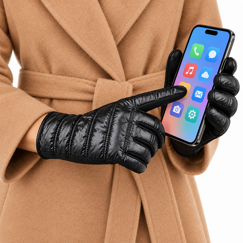 Women's Black Quilted Touchscreen Winter Gloves
