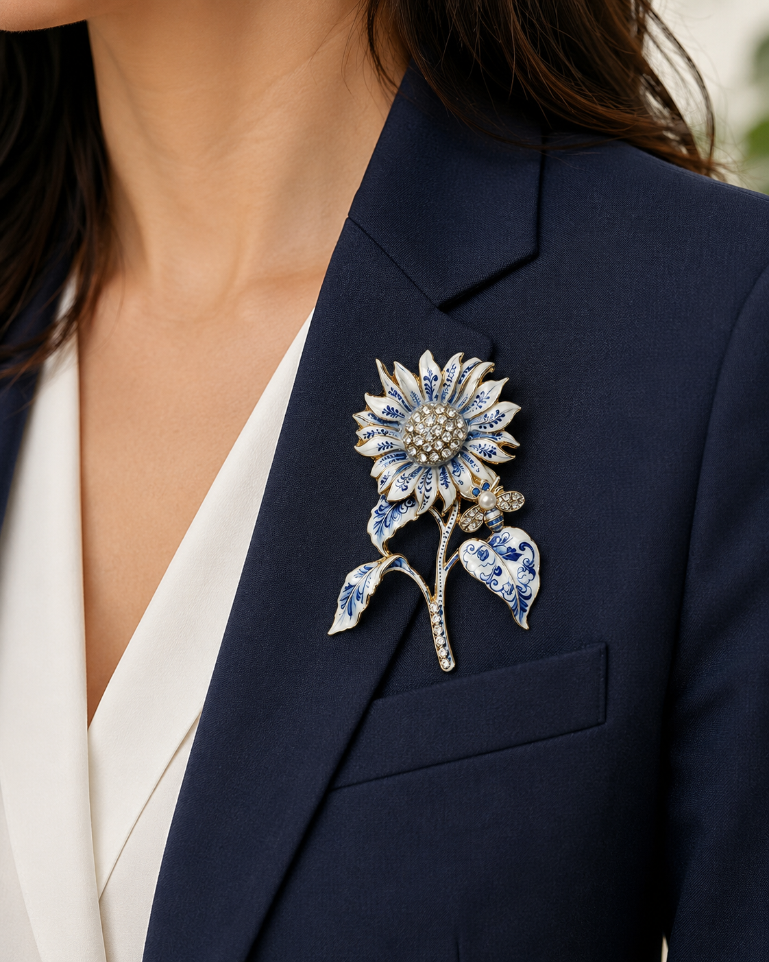 Blue Porcelain Sunflower & Bee Brooch