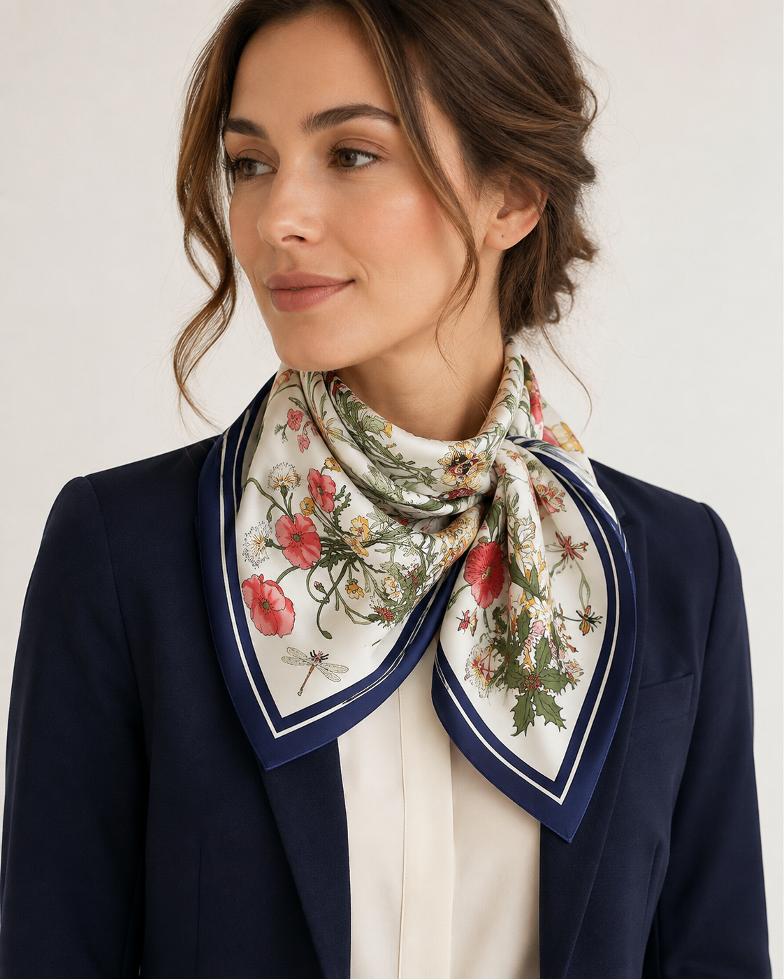 100% Silk Twill Floral Square Scarf 51" x 51" Cream Botanical Print