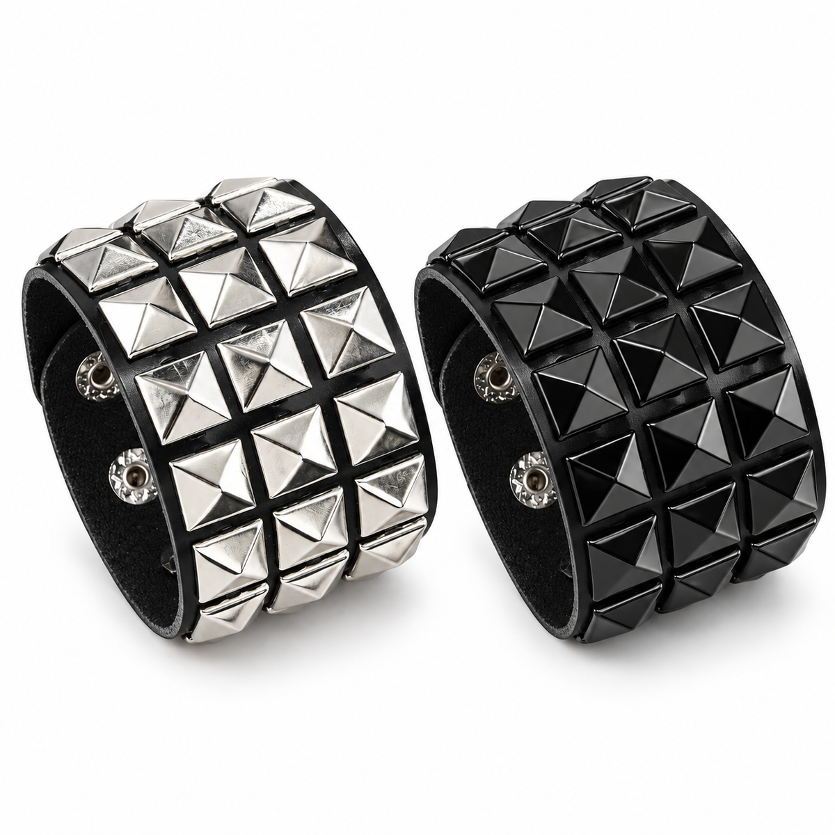 Silver-Tone and Black Pyramid Stud Cuff Bracelet Set, 2 Pieces