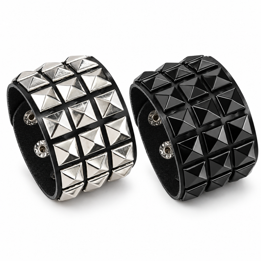 Silver-Tone and Black Pyramid Stud Cuff Bracelet Set, 2 Pieces
