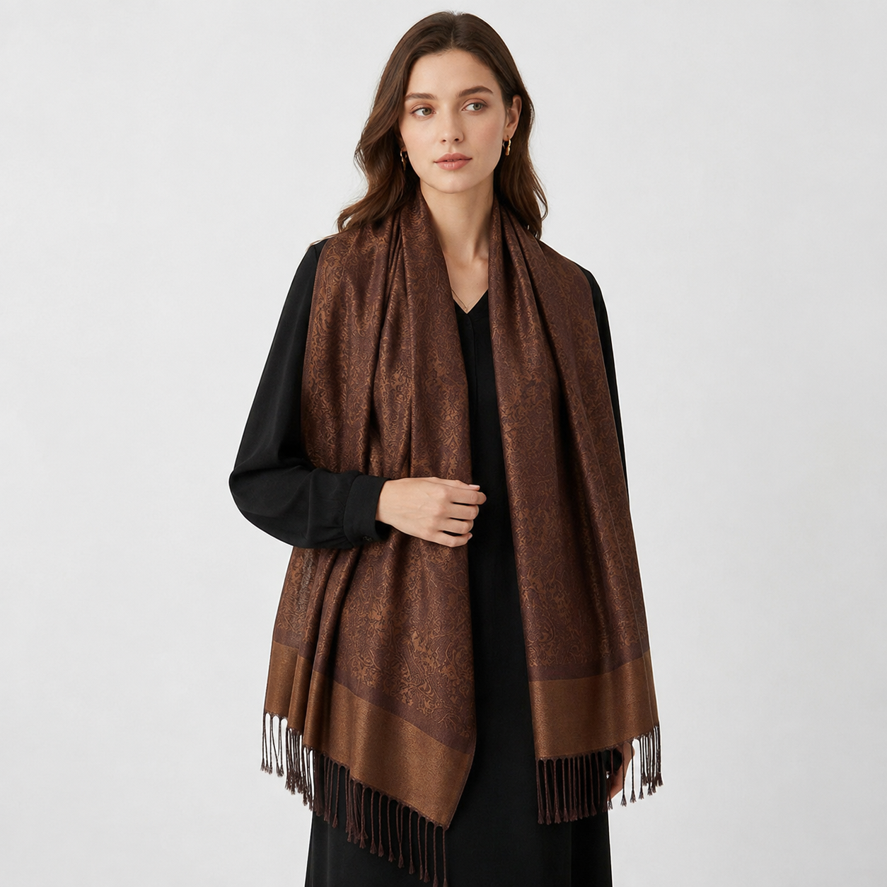 Brown Paisley Jacquard Pashmina Shawl Wrap | 35" x 71" | Fringed Winter Scarf for Women