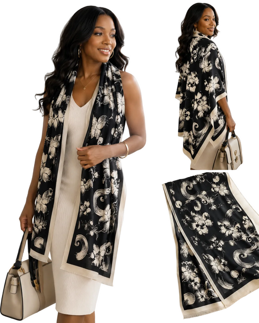 Reversible Black & Beige Floral Print Shawl Scarf Oversized Luxury Wrap for Lady