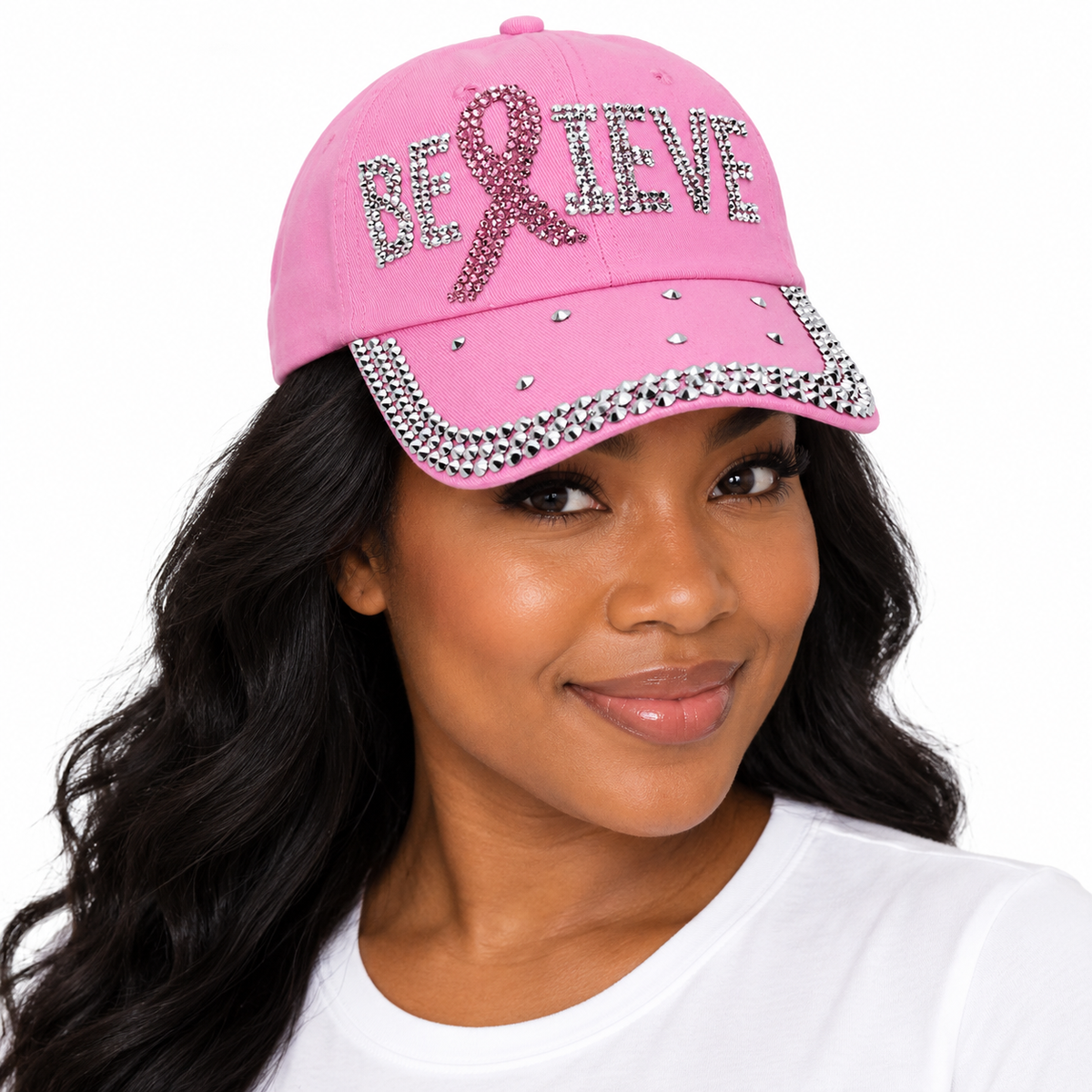 Pink Rhinestone Believe Ribbon Cotton Baseball Cap