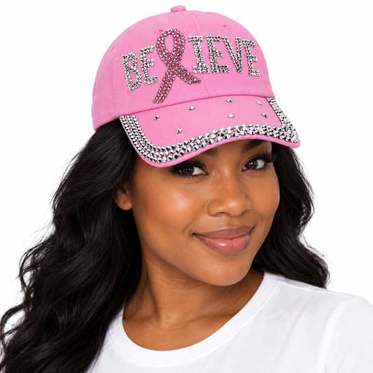 Pink Rhinestone Believe Ribbon Cotton Baseball Cap