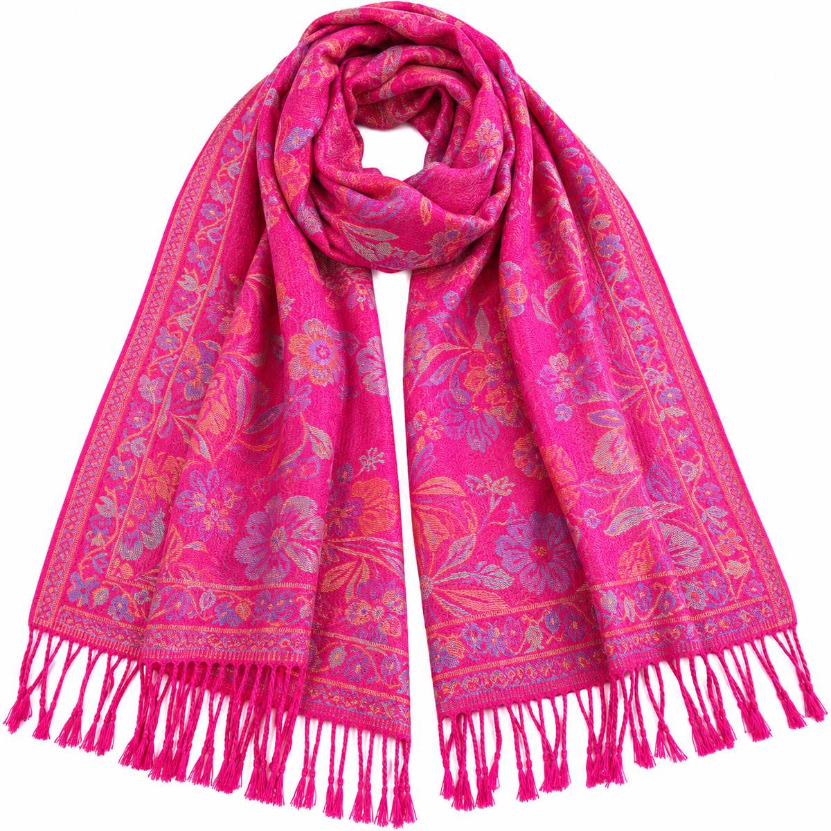 Women's Hot Pink Floral Pashmina-Style Scarf & Fringed Shawl