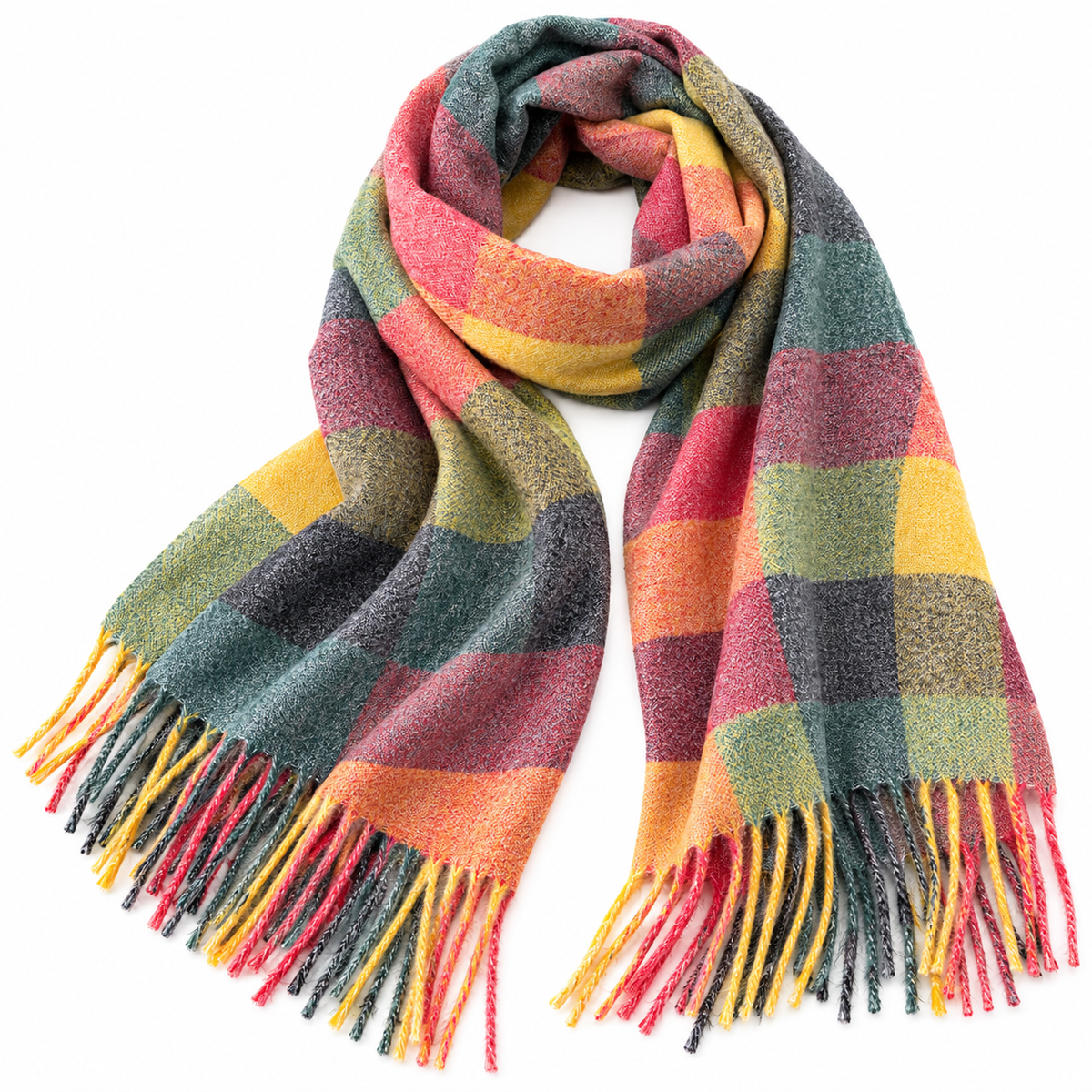 Rainbow Plaid Tassel Scarf – Colorblock Wrap Shawl