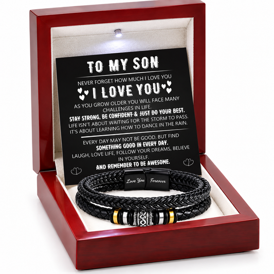 To My Son Inspirational Black Braided Bracelet Gift Set