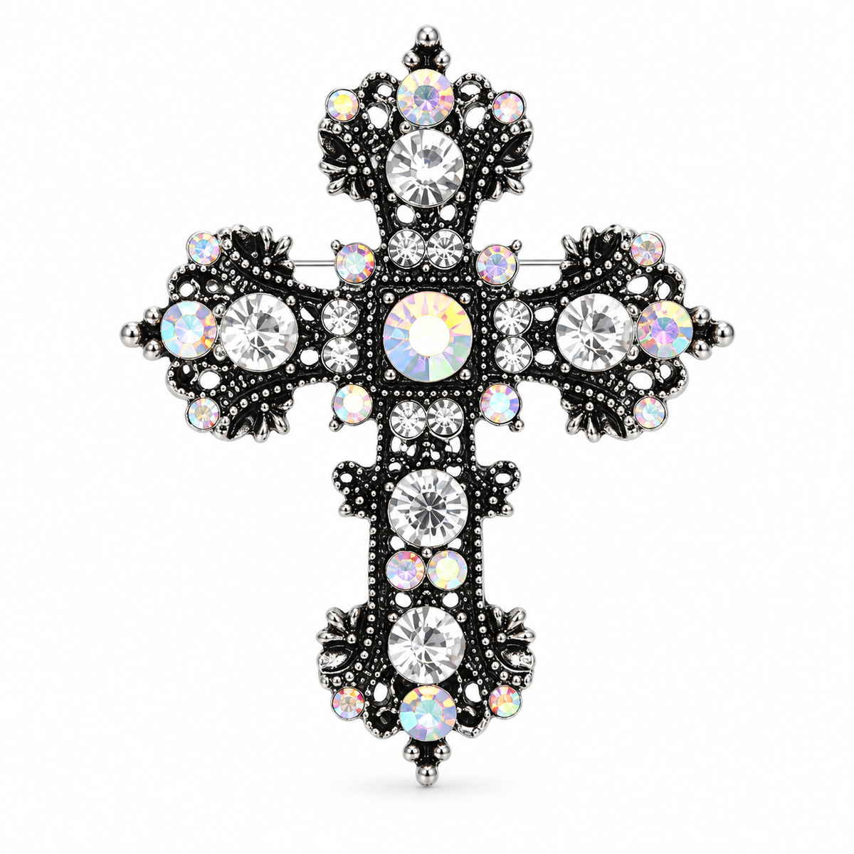 2-Piece Blue & Iridescent Jeweled Cross Brooch Set