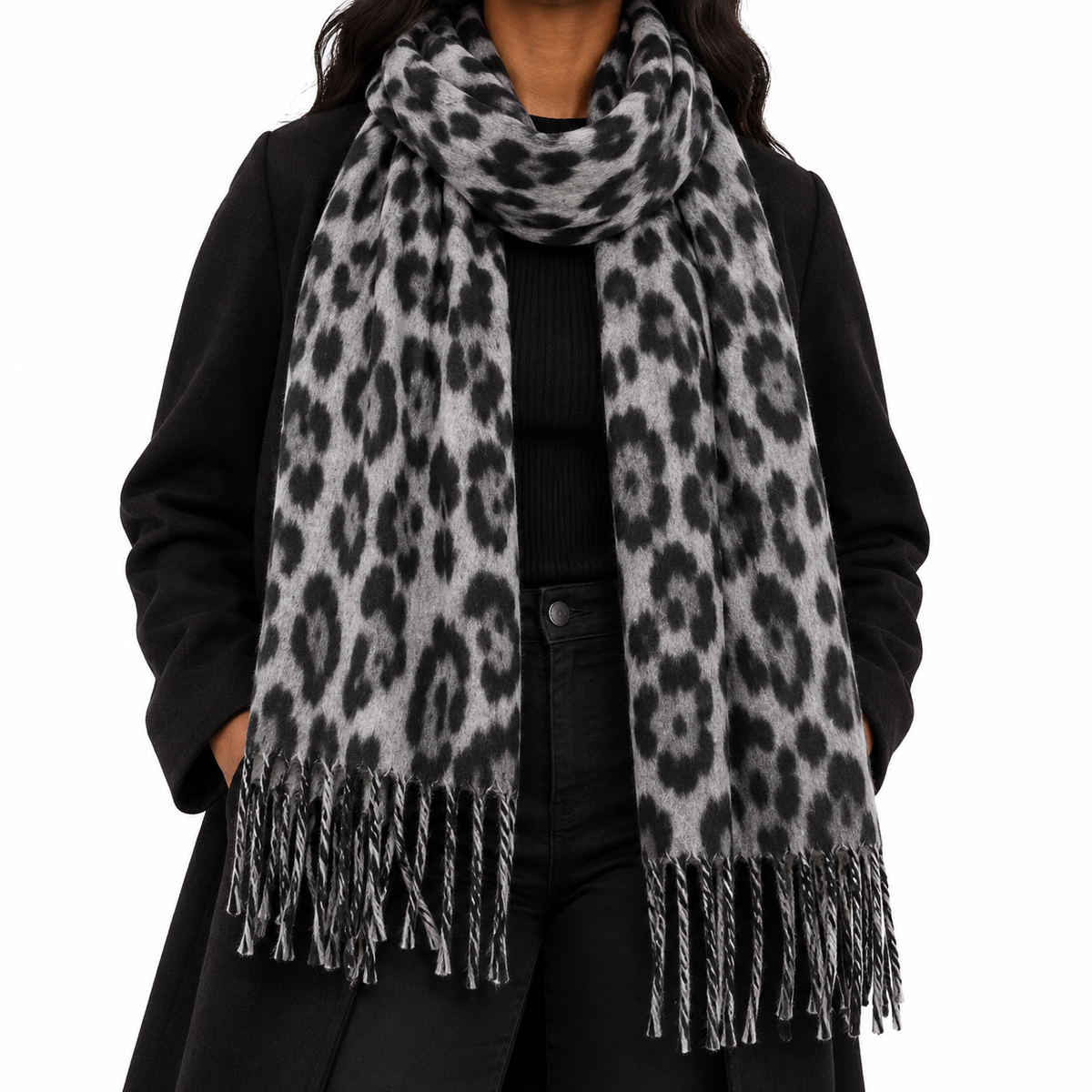 Grey & Black Leopard Print Scarf with Fringe – Oversized Shawl Wrap