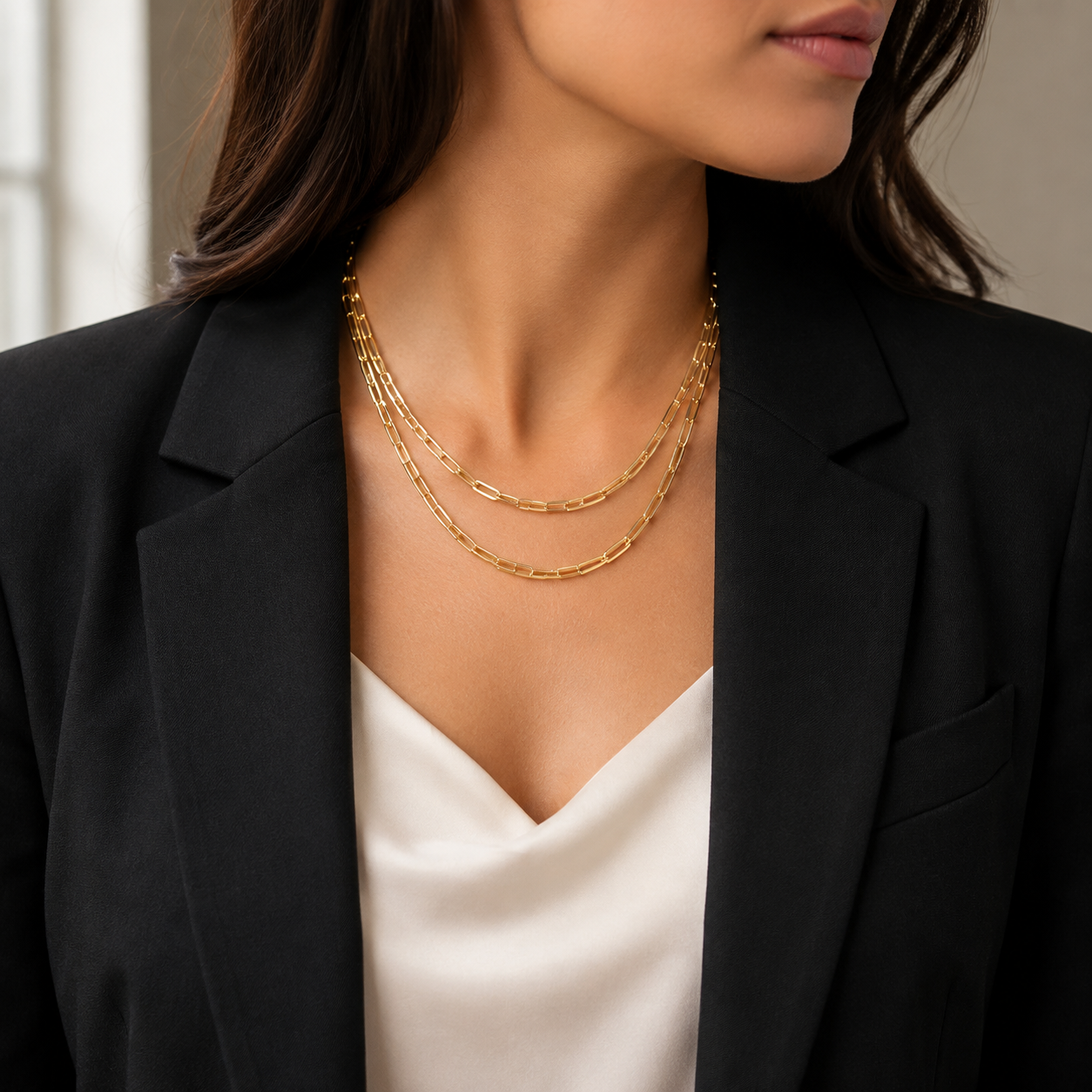 Gold Layered Paperclip Chain Necklace – Double Strand Geometric Link Statement Jewelry