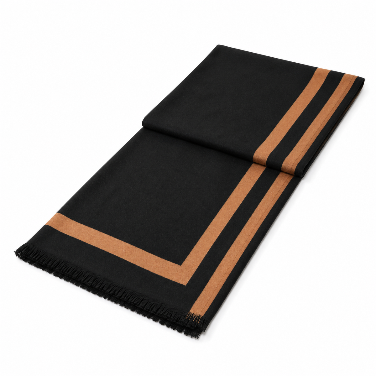 Black & Camel Reversible Striped Shawl Wrap with Fringe Edges