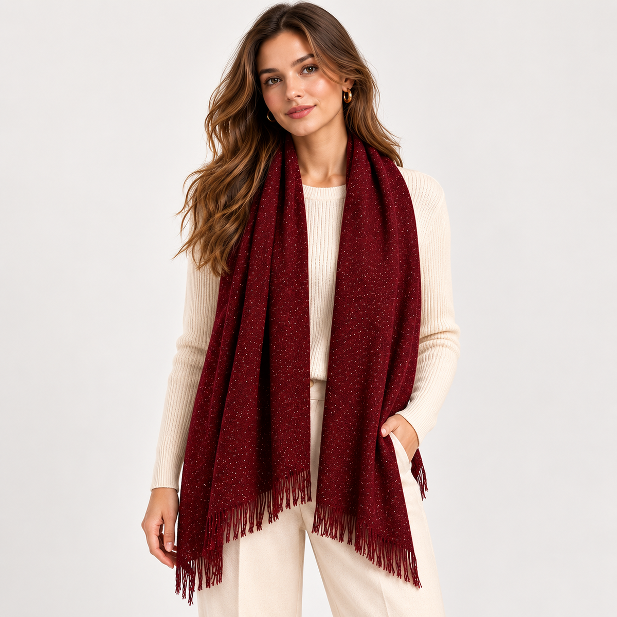 Burgundy Sparkle Long Fringed Scarf & Shawl Wrap for Women
