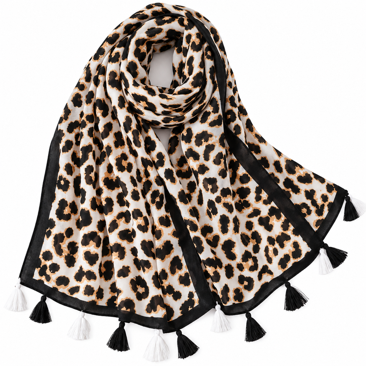 Oversized Leopard Print Scarf for Women with Tassel Trim
