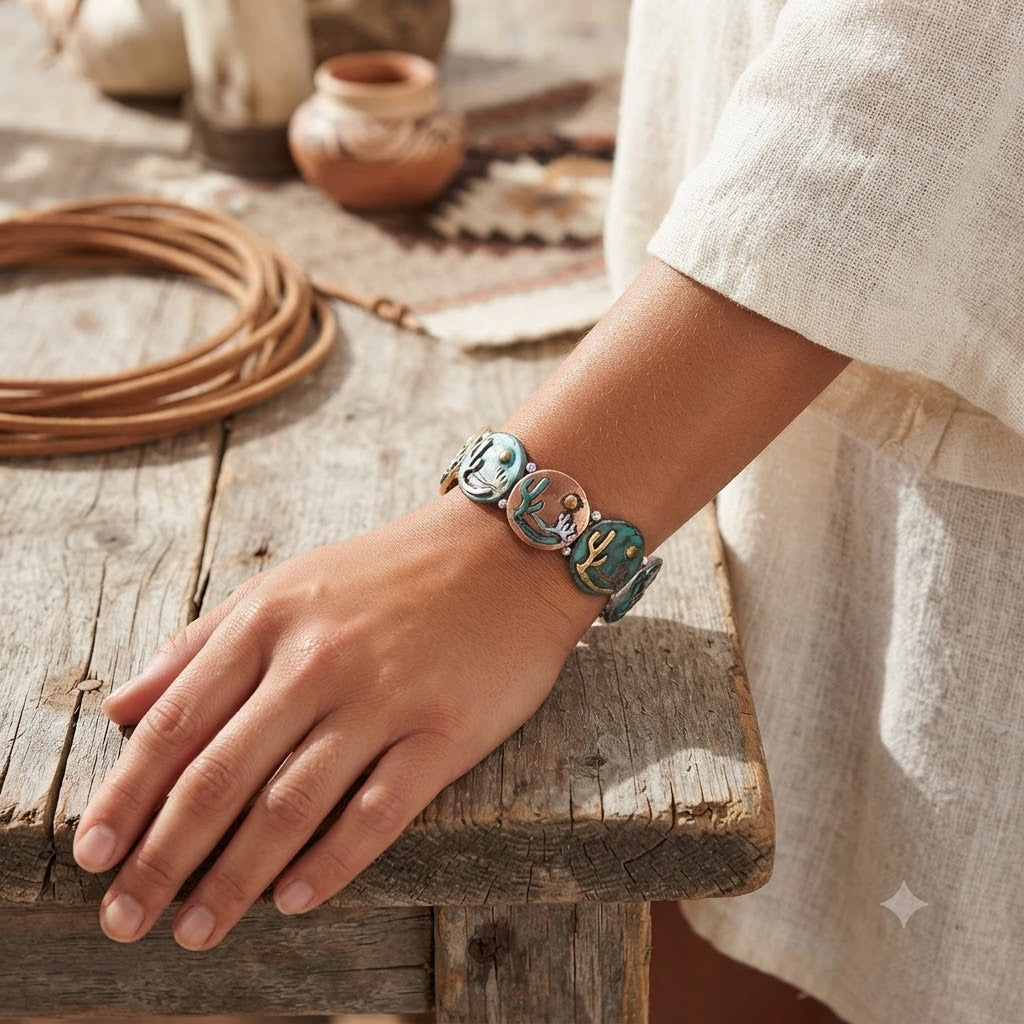 Western Cactus Embossed Plate Link Stretch Bracelet