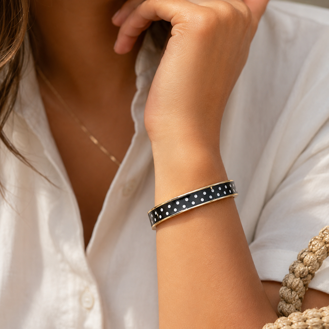 Black White Polka Dot Gold Plated Hinged Bangle Bracelet