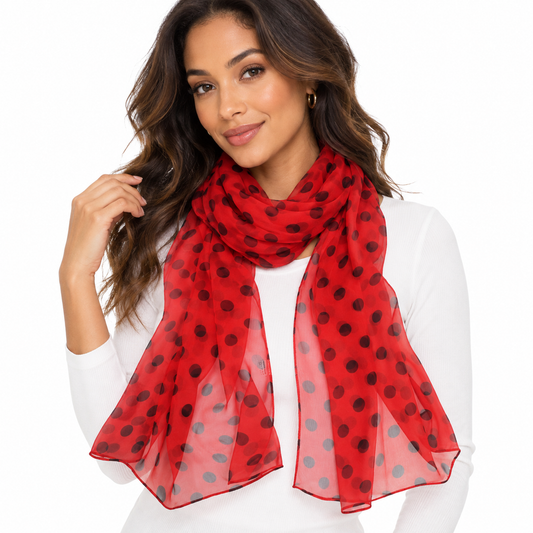 2-Piece Polka Dot Sheer Scarf Set – Red & Black Women's Lightweight Fashion Scarves