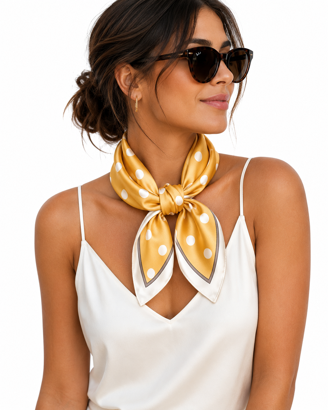 Polka Dot Silk Feel Square Neck Scarf Yellow White Hair Head Wrap Scarves