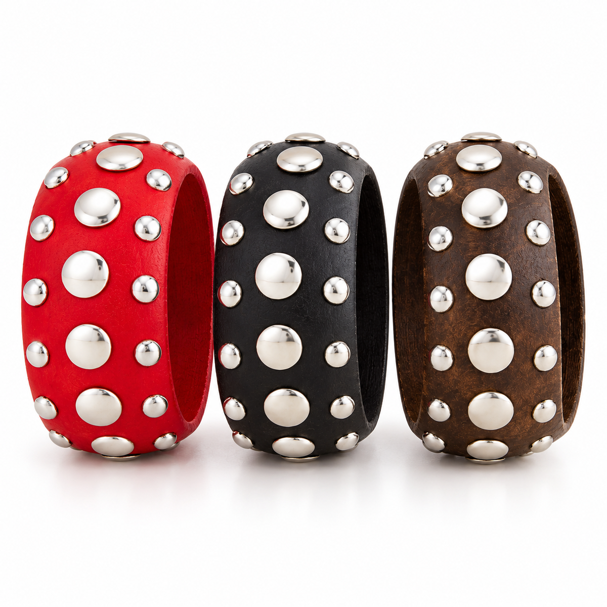 3-Piece Chunky Studded Bangle Bracelet Set in Red, Black & Brown