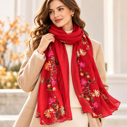 2-Piece Floral Embroidered Scarf Set, Black & Red