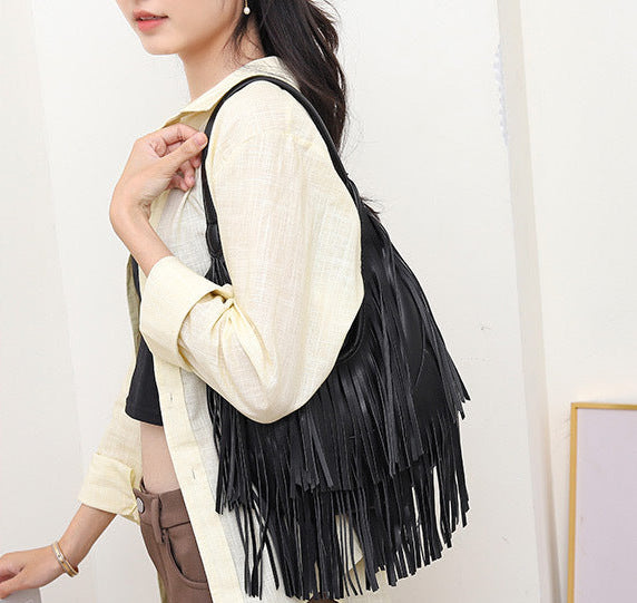 Womens Fringe Hobo Bag Tassel Shoulder Tote Faux Leather Boho Satchel Purse