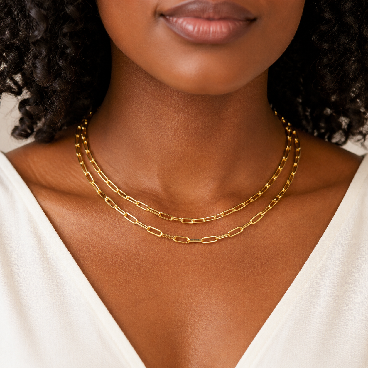 Gold Layered Paperclip Chain Necklace – Double Strand Geometric Link Statement Jewelry