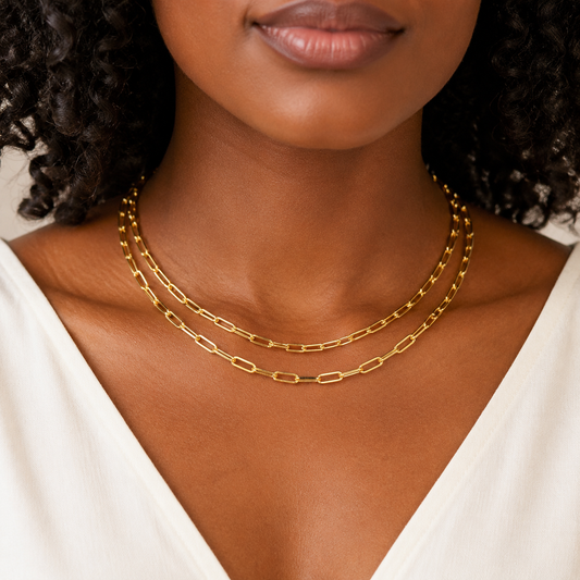 Gold Layered Paperclip Chain Necklace – Double Strand Geometric Link Statement Jewelry