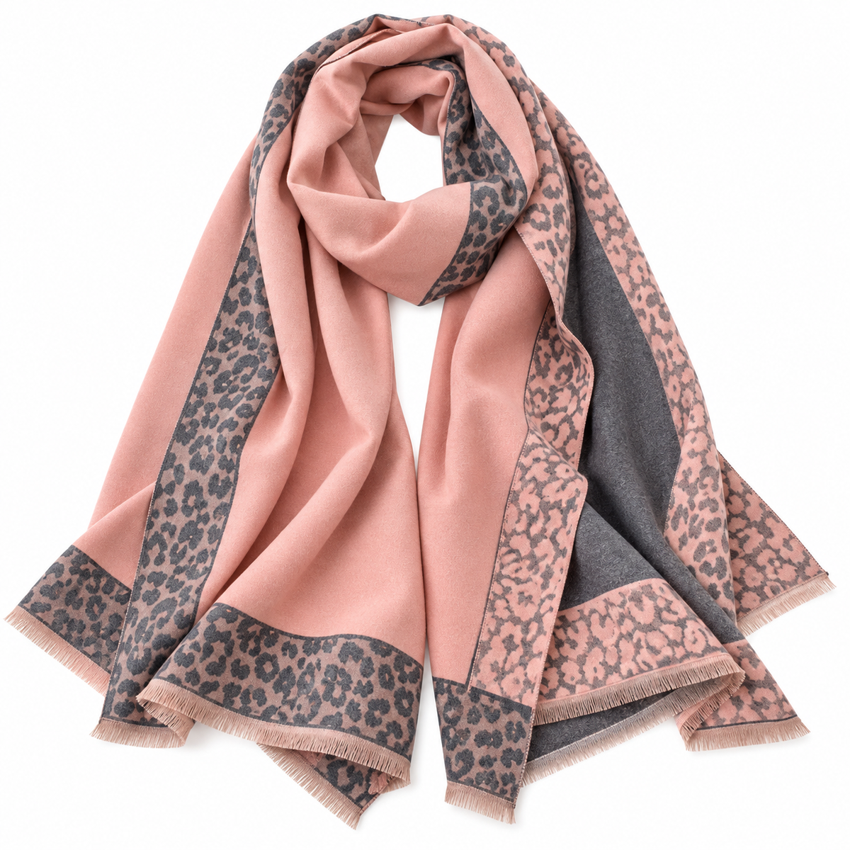 Blush Pink & Gray Leopard-Trim Oversized Shawl Wrap