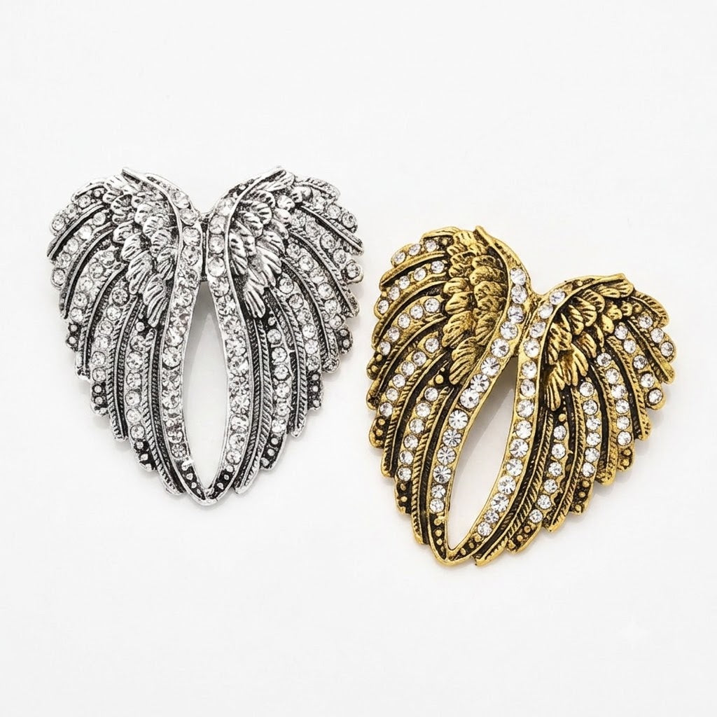 2pcs Rhinestone Angel Wings Brooch Pin Set Gold Silver Celestial Fashion Jewelry