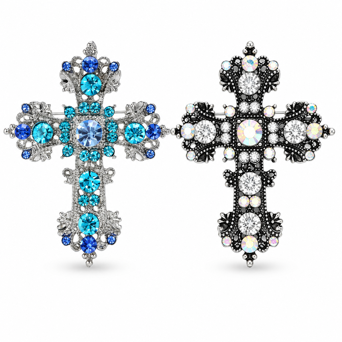 2-Piece Blue & Iridescent Jeweled Cross Brooch Set