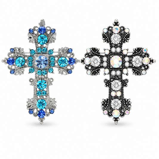 2-Piece Blue & Iridescent Jeweled Cross Brooch Set
