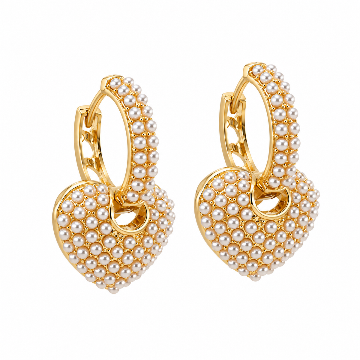 Gold Tone Faux Pearl Heart Charm Hoop Earrings