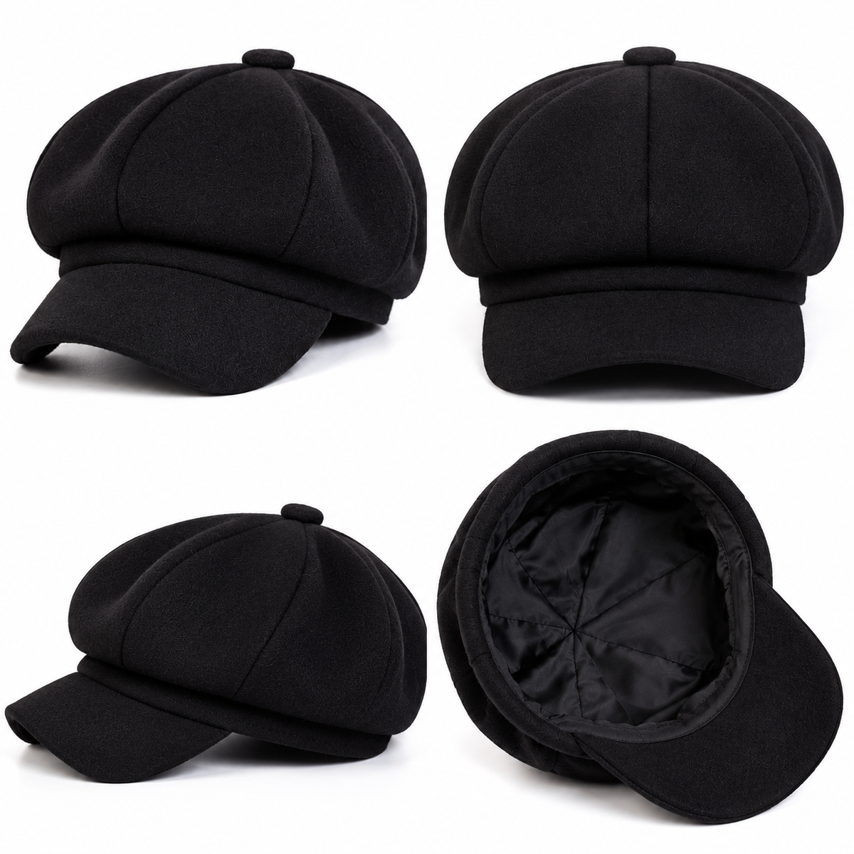 Women's Black Newsboy Cap - Eight-Panel Baker Boy Hat