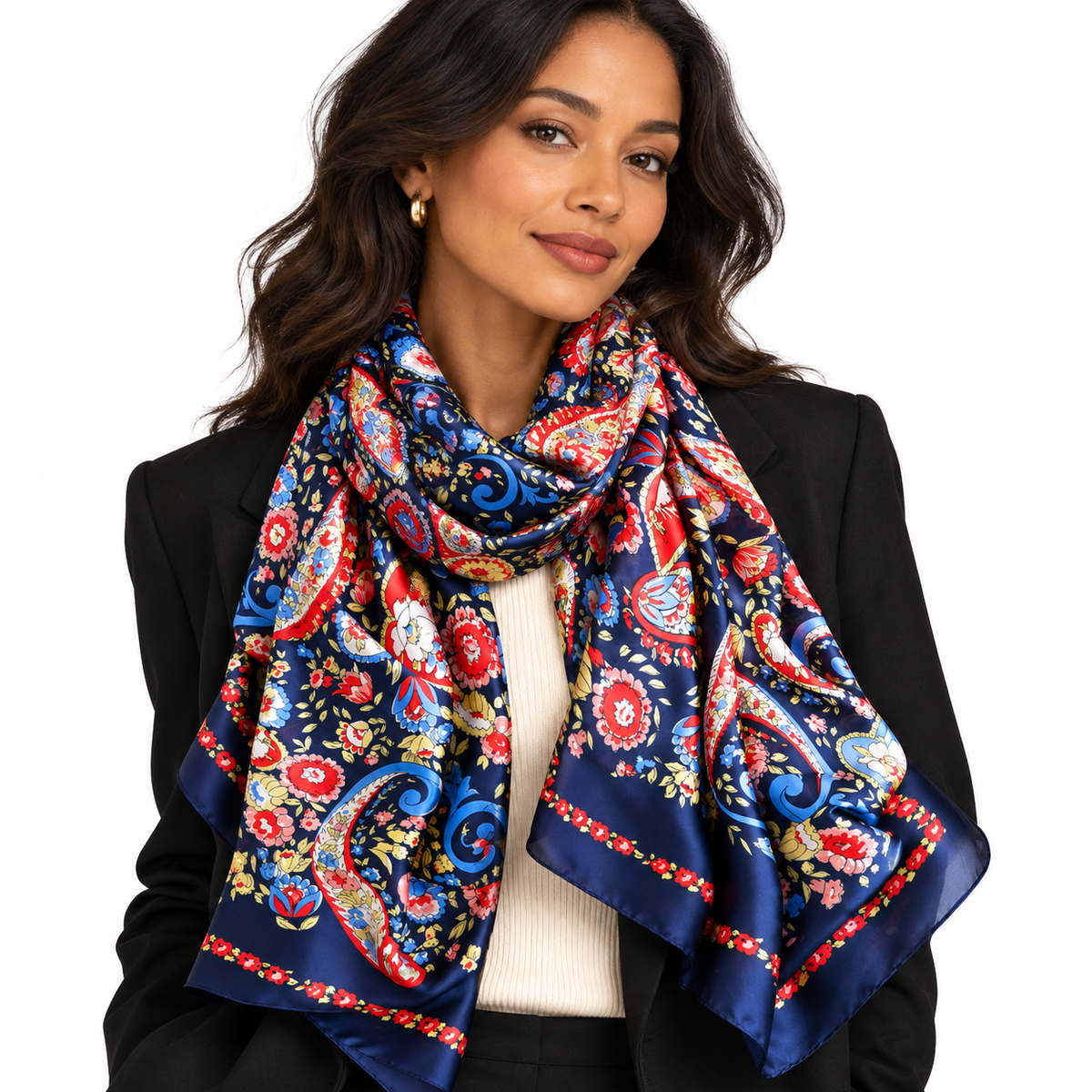 Large Navy Paisley Floral Scarf for Women