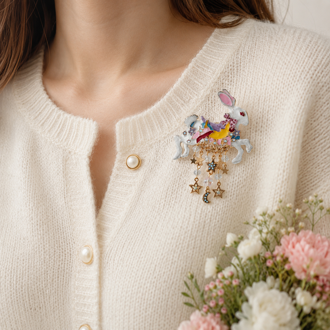 Rhinestone Brooch Set of 3 – Crystal Carrot, Daisy Flower & Unicorn Rabbit Pin Set