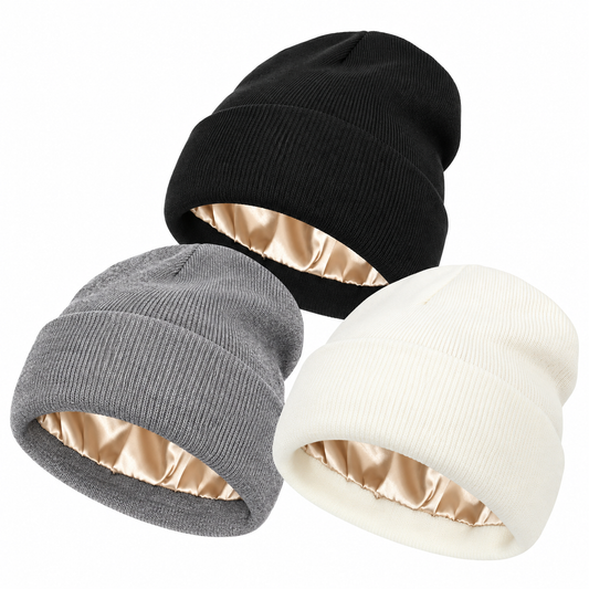3-Piece Satin-Lined Knit Beanie Set – Black, Gray & White