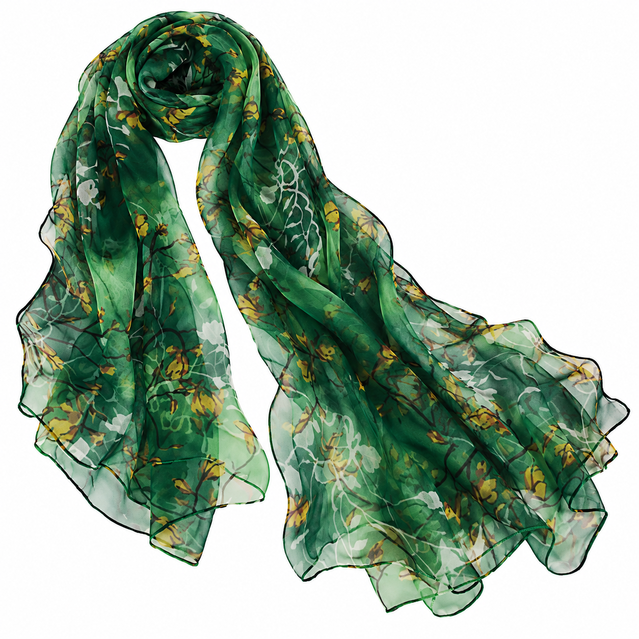 Emerald Green Floral Print Chiffon Scarf