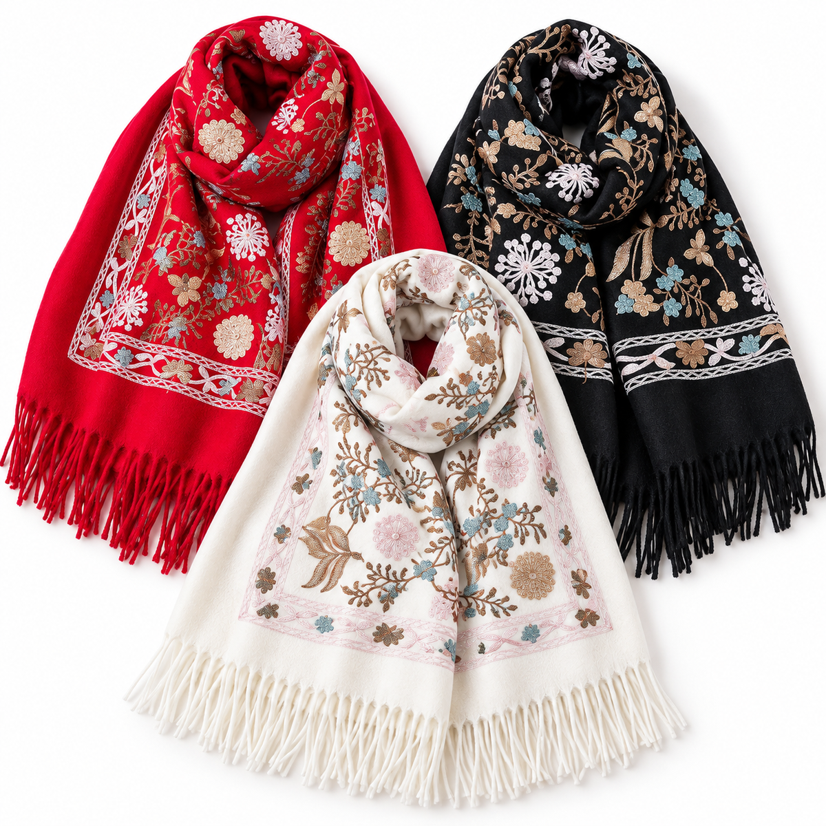 Women's 3-Piece Floral Embroidered Scarf Set in Red, Black & Ivory