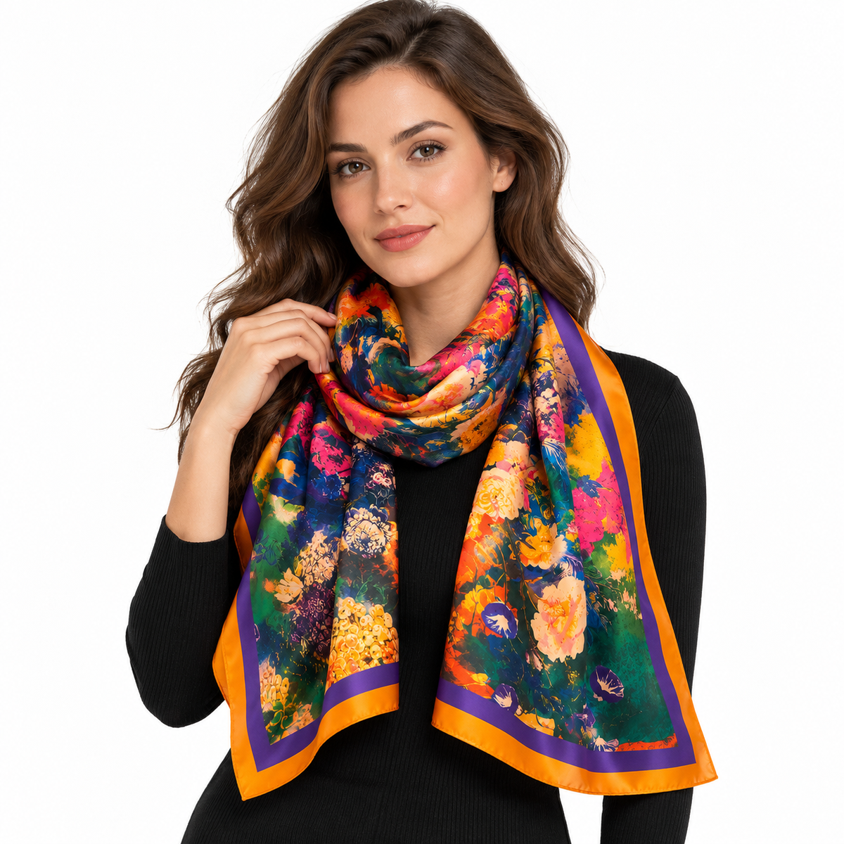 Floral Bouquet Silk-Feel Satin Wrap Scarf