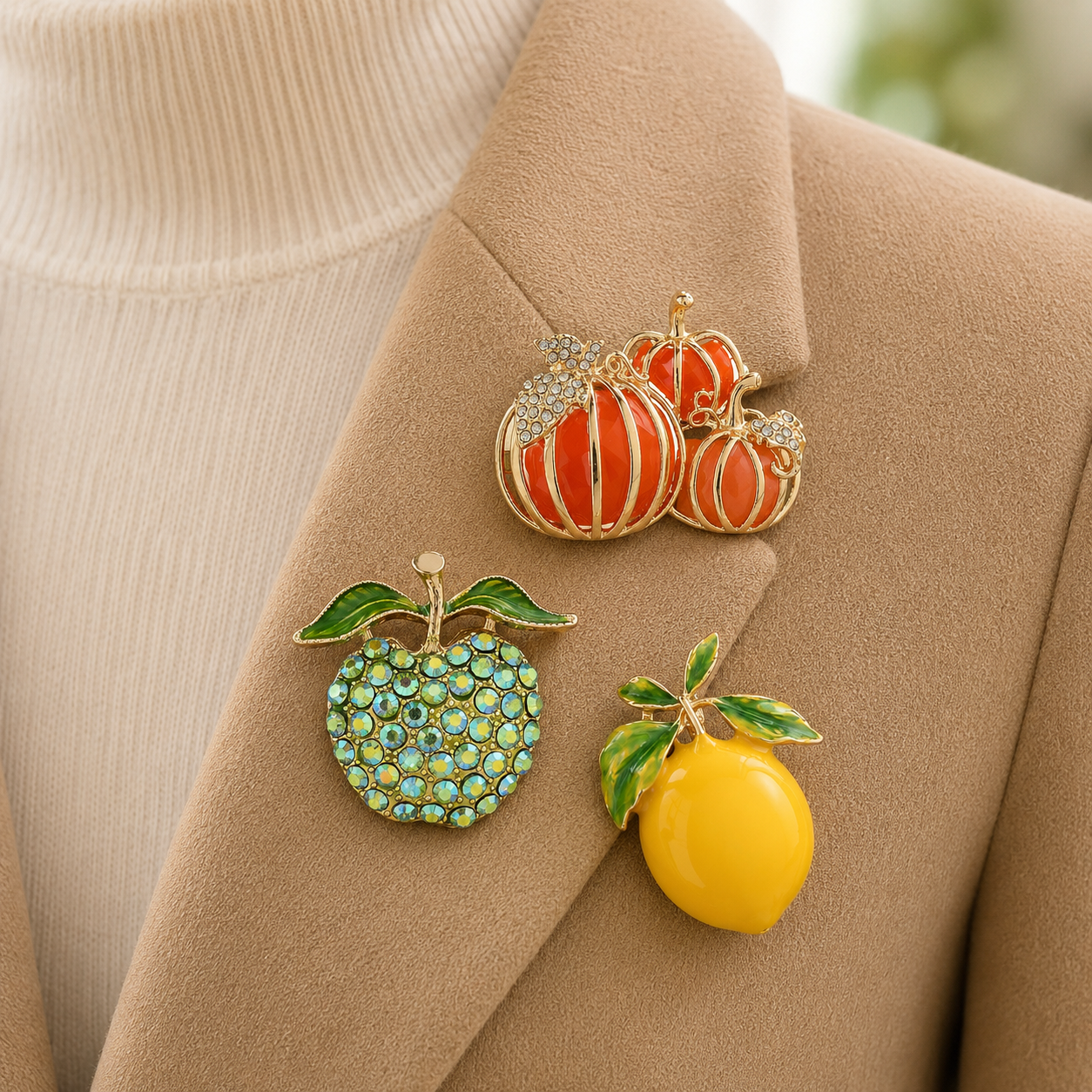 3-Piece Harvest Fruit Brooch Set – Apple, Pumpkin & Lemon Pins