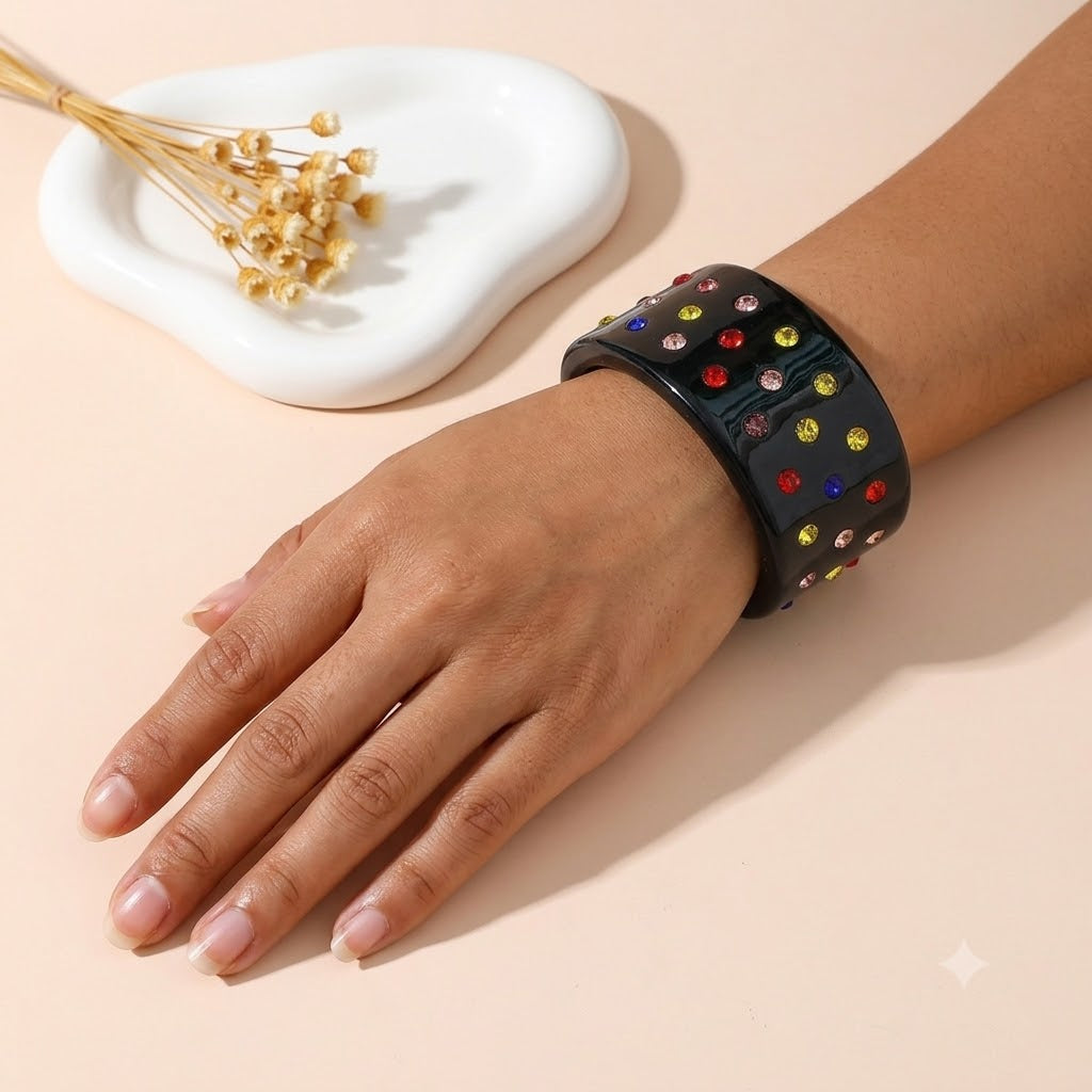 Crystal Inlaid Resin Cuff Bracelet Wide Bangle Summer Accessory