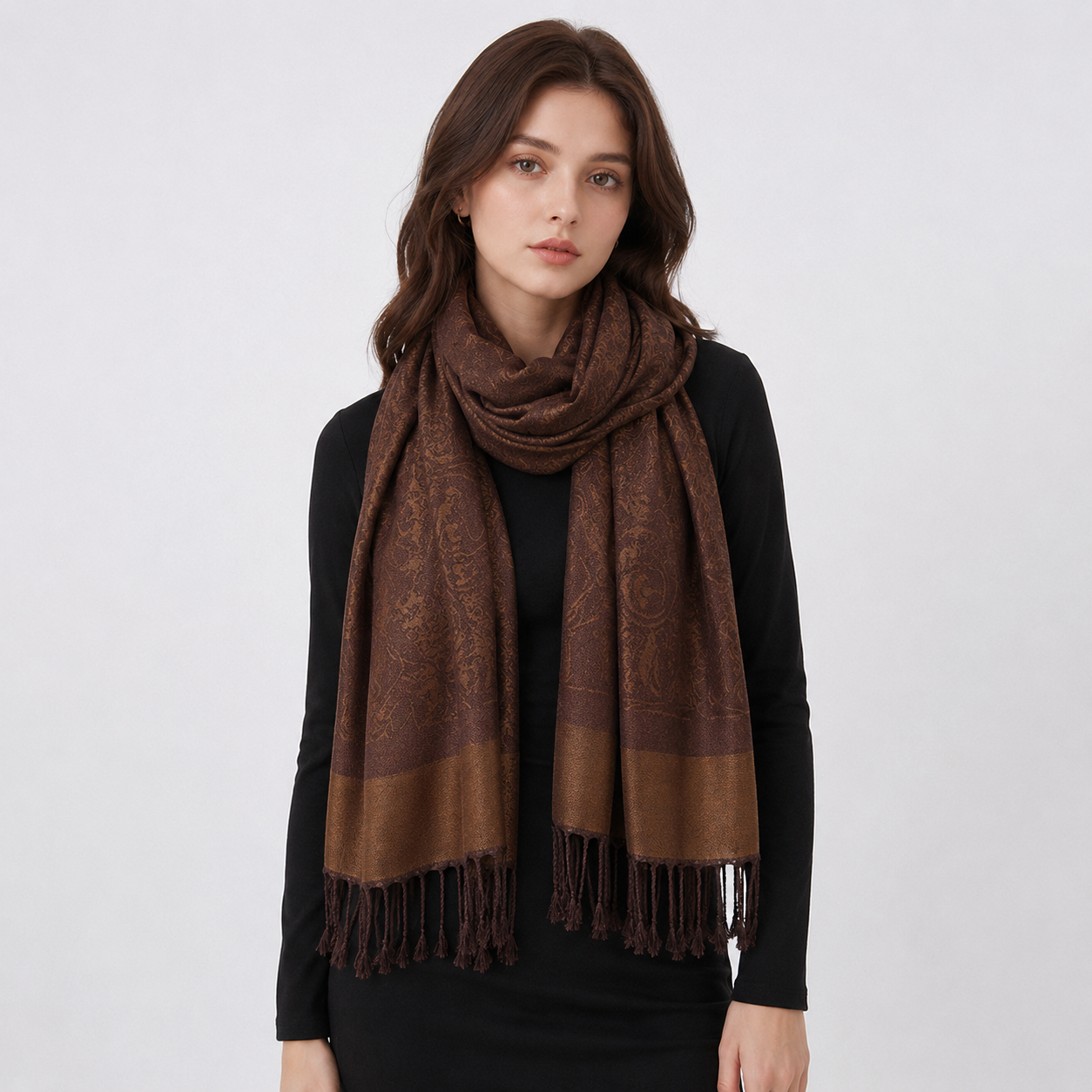 Brown Paisley Jacquard Pashmina Shawl Wrap | 35" x 71" | Fringed Winter Scarf for Women
